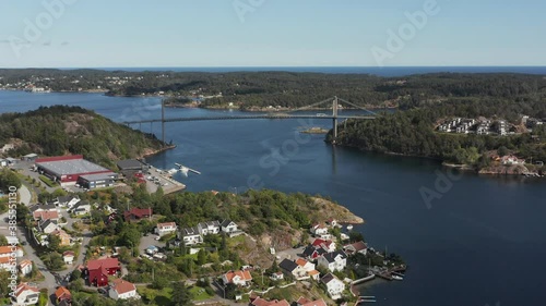 Aerial, Landmark Tromoy Bridge Connecting Island and Mainland in Norway photo