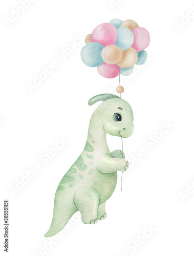Cute little dinosaur with balloons on the light background. Watercolor cartoon kids illustration. Ideal for invitation  poster  home decor  packaging design  print.