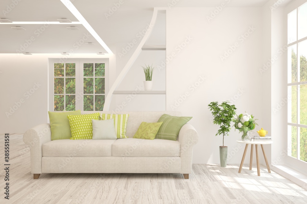 White living room with sofa. Scandinavian interior design. 3D illustration White living room with sofa. Scandinavian interior design. 3D illustration