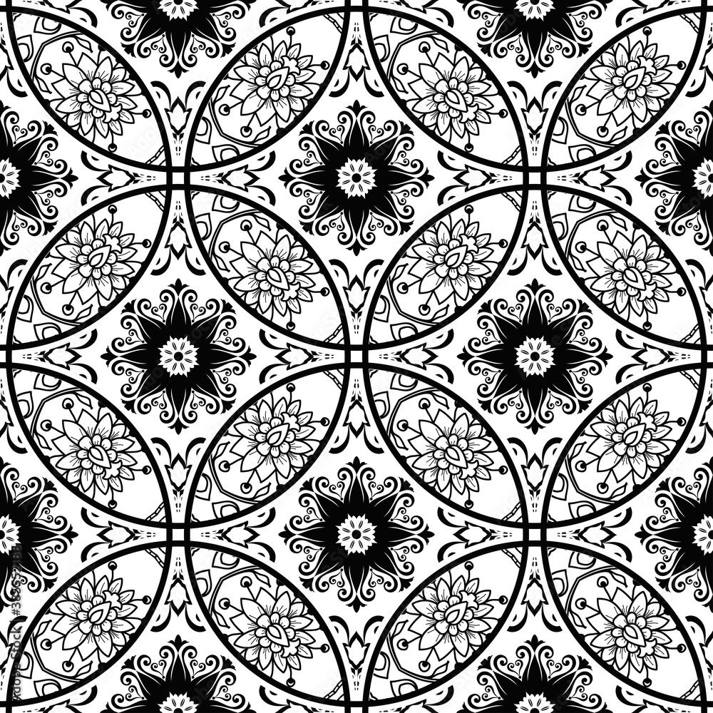 Seamless patchwork tile with Victorian motives. Majolica pottery tile, black and white azulejo, original traditional Portuguese and Spain decor. Vector illustration