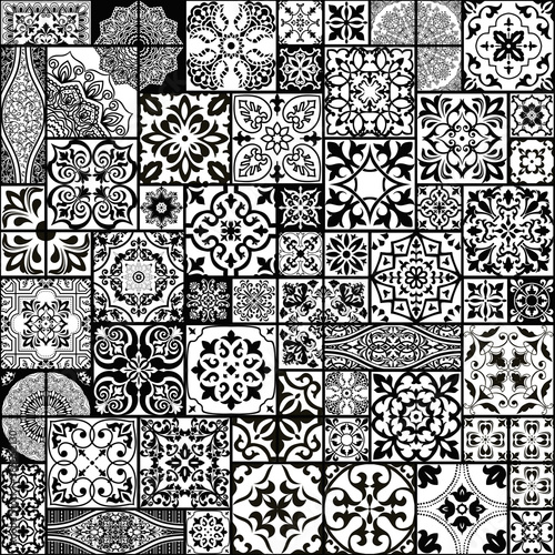 Seamless patchwork tile with Islam, Arabic, Indian, Ottoman motifs in black and white. Majolica pottery tile. Portuguese and Spain decor. Ceramic tile in talavera style. Vector illustration