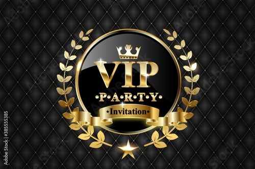 Vector golden ring with ribbon and VIP invitation text on black luxury background.