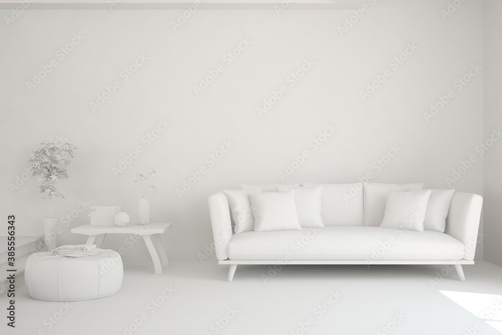 White minimalist living room with sofa. Scandinavian interior design. 3D illustration White minimalist living room with sofa. Scandinavian interior design. 3D illustration