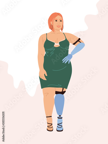 Beautiful curvy woman with a prosthesis on her arm and leg. Illustration of a disabled woman. Female vector character with mechanical arm and leg in dress and shoes. Model with prosthetic limbs.