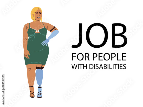 Vector illustration of a young African American girl with a prosthesis. Work for people with disabilities. Banner concept on the topic of employment for people with special needs. Drawn in flat style.