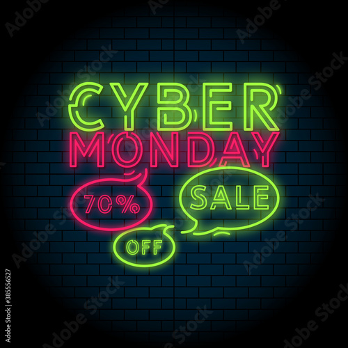 Cyber Monday banner. Big sale retro neon poster
