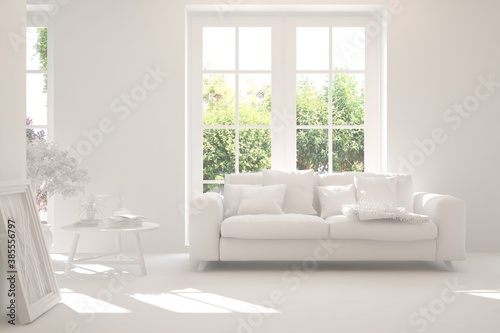 White living room with sofa and summer landscape in window. Scandinavian interior design. 3D illustration