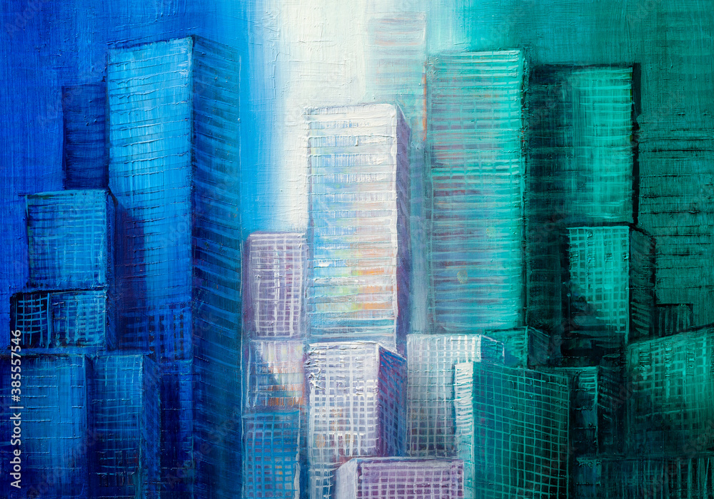 Abstract painting of urban skyscrapers.