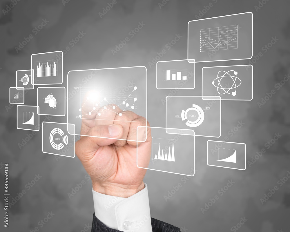 Big data analytics illustration and human hand Big data analytics illustration and human hand