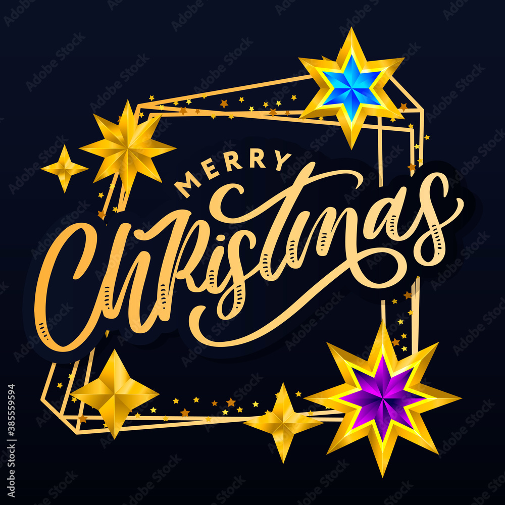 Merry Christmas card with hand drawn lettering and stars on dark background. Cute Holiday golden frame background Merry Christmas card with hand drawn lettering and stars on dark background. Cute Holiday golden frame background