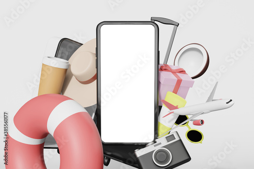 summer smart mobile phone in 3d illustration rendering with many travel summer stuff and airplane