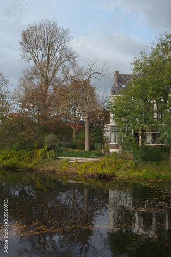 Image of multi-colored trees and autumn sun shining in the clear blue sky, Leiden, Netherlands