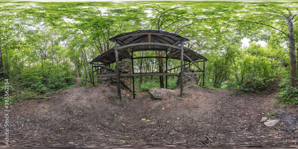 full seamless hdri panorama 360 degrees angle view near walls of abandoned ruined stone castle in forest in equirectangular projection. VR AR content