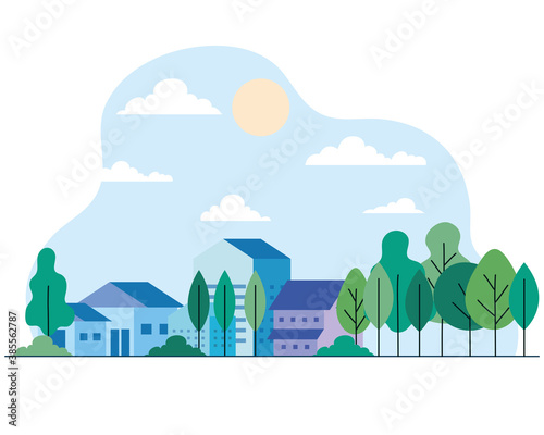 City houses with trees sun and clouds design, architecture and urban theme Vector illustration