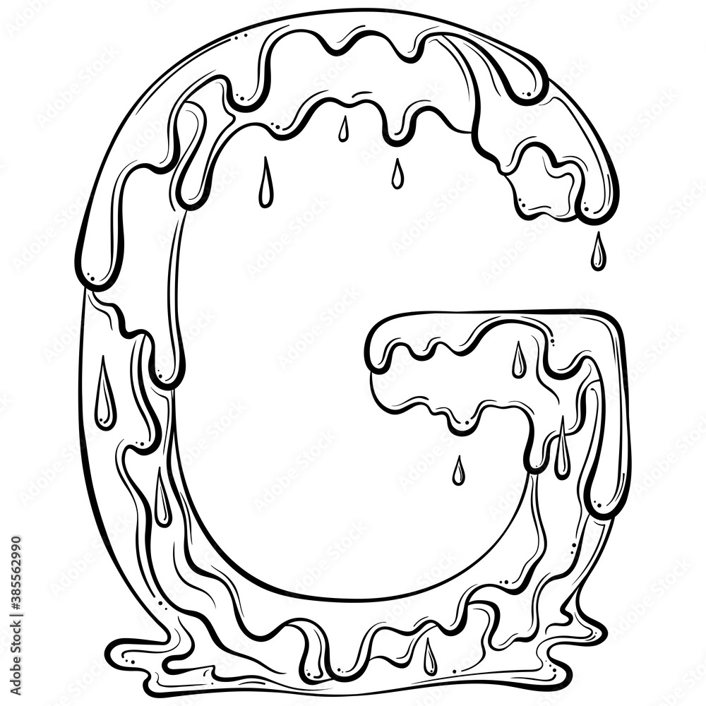 Letter G with flow drops and goo splash. Dripping liquid symbol. Vector trendy font made in hand drawn line art style isolated on white background. Slime logo or initial letter.