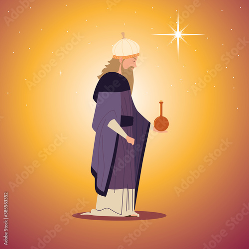 Fotobehang nativity, Caspar wise king character manger with gift for birth of Christ
