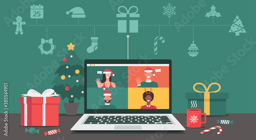 people meeting online together via video calling on a laptop to virtual discussion on Christmas holiday with icon, office desk workplace, vector flat illustration