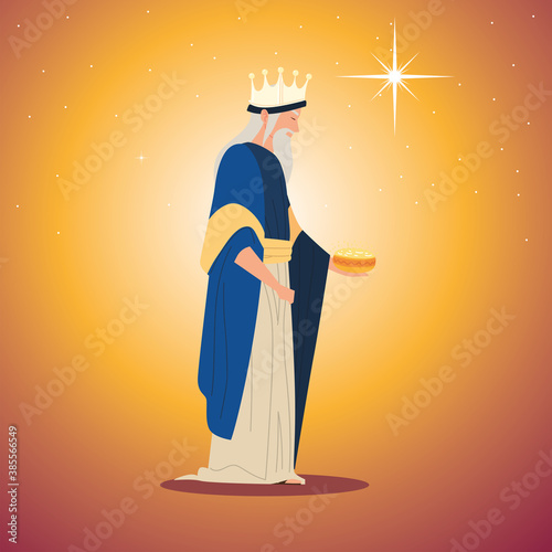 nativity, Melchior wise king character manger with gift for birth of Christ