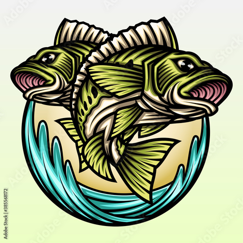 Two big bass fish jumping on the water