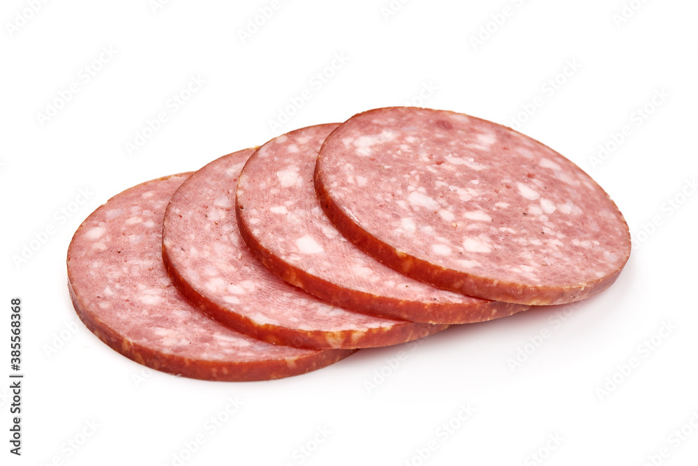 Sliced salami smoked sausage, isolated on white background Sliced salami smoked sausage, isolated on white background