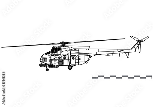 Mil Mi-4M Hound-C. Vector drawing of anti-submarine helicopter. Side view. Image for illustration and infographics. photo