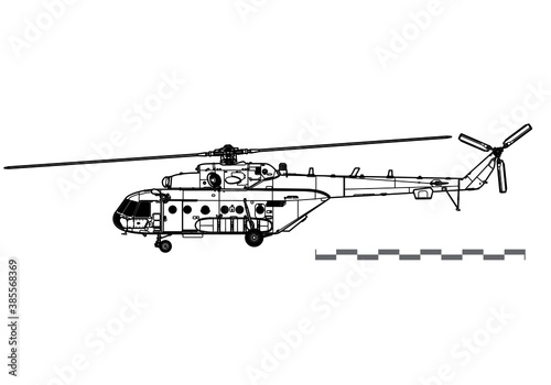 Mil Mi-17 Hip-H. Vector drawing of military transport helicopter. Side view. Image for illustration and infographics.
