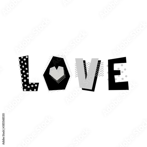 Hand drawn decorative text Love. Design element for romantic print,  poster, t-shirt print. Memphis style. Short phrase illustration. 