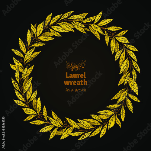 Laurel Bay golden wreath on black detailed hand drawn illustration 