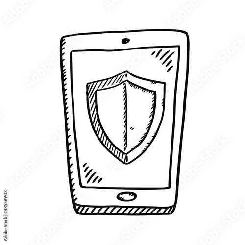 Cartoon style black and white doodle of mobile phone with security shield on screen. Black and white vector illustration.
