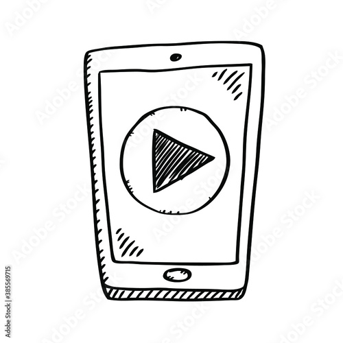 Cartoon style black and white doodle of mobile phone with play button on screen. Black and white vector illustration. 
