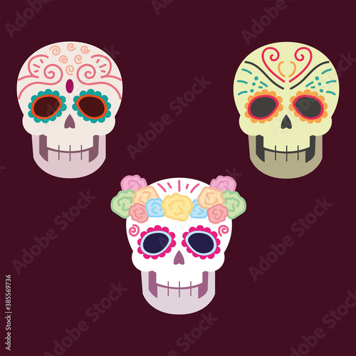day of the dead, sugar skull catrinas with flowers mexican celebration