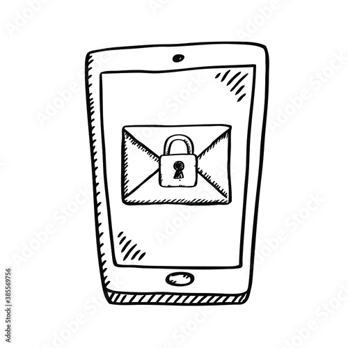 Cartoon style black and white doodle of mobile phone with safety protected envelope on screen. Black and white vector illustration. 