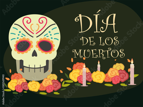 day of the dead, sugar skull flowers and candles mexican celebration