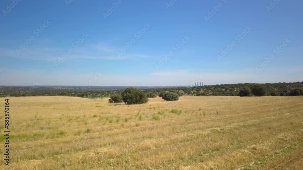aerial shots of the silhouette of a big city from a forest in its suburbs.skyline of madrid aerial shots of the silhouette of a big city from a forest in its suburbs.skyline of madrid