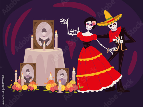 day of the dead, catrina skeleton altar with photos candles and flowers, mexican celebration