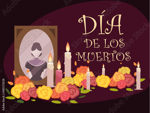 day of the dead, mexican altar with photo candles ad flowers celebration