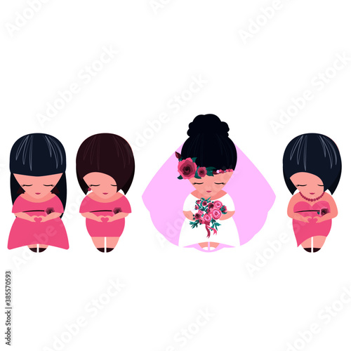 The bride in a wedding dress with a veil is holding a luxurious pink bouquet in her hands, bridesmaids in identical dresses, showing a heart from the fingers