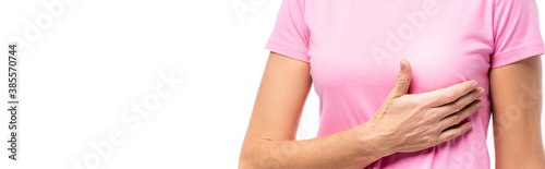 Wallpaper Mural Horizontal image of woman in pink t-shirt with hand near breast isolated on white Torontodigital.ca