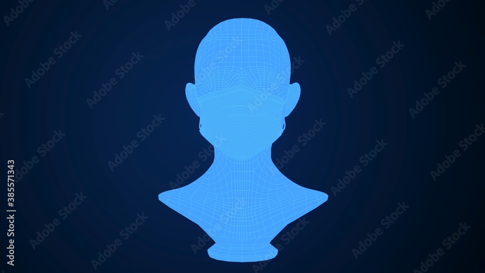 Covid 19 Mask With Mannequin Wireframe Glowing 3D Rendering Covid 19 Mask With Mannequin Wireframe Glowing 3D Rendering