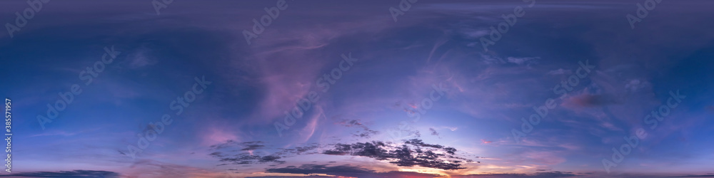 Seamless dark blue and pink sky before sunset hdri panorama 360 degrees angle view with beautiful clouds for use in 3d graphics or game development as sky dome or edit drone shot - obrazy, fototapety, plakaty 