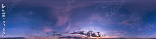 Seamless dark blue and pink sky before sunset hdri panorama 360 degrees angle view with beautiful clouds for use in 3d graphics or game development as sky dome or edit drone shot