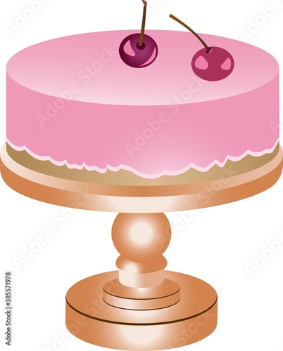 Pink cake with two cherries.