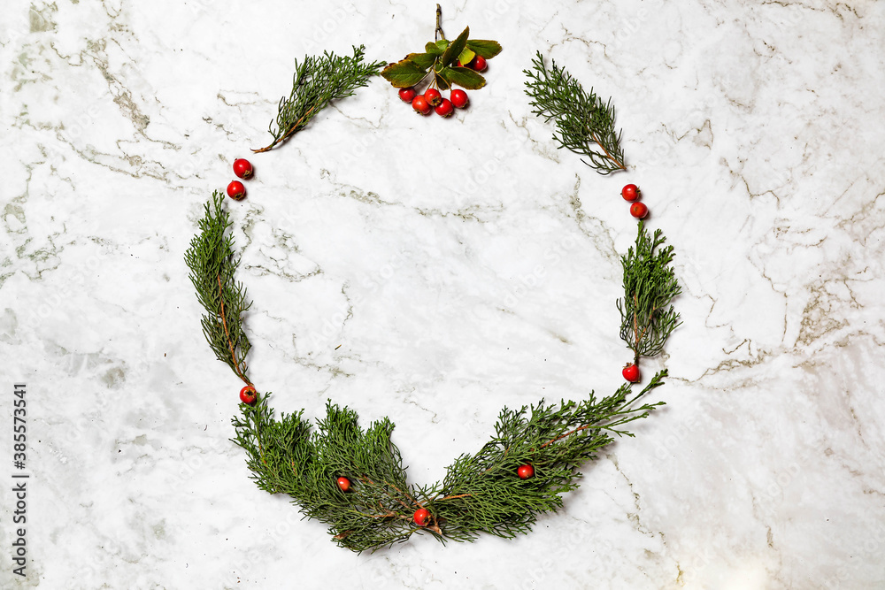 custom made wallpaper toronto digitalChristmas image/background.Pinophyta, brown pinecone with tree leaves, gift and red fruits on white marble.