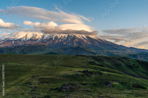 At sunset, view of Plosky Tolbachik volcano
