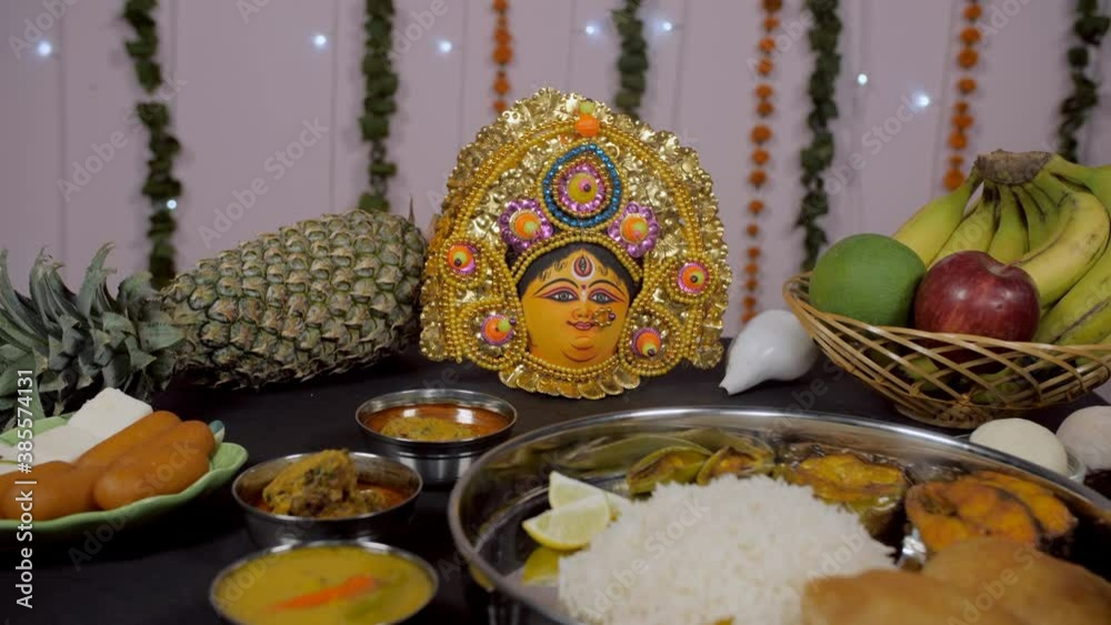 Traditional Bengali Thali/platter as offerings for Ma Durga rotating on