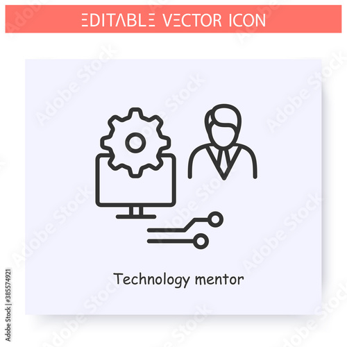Technology mentor line icon. Mentoring software. Computer engineer. Computer-aided mentoring. Guidance consulting in business, finance or management. Isolated vector illustration. Editable stroke 