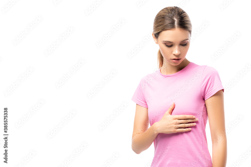 Young woman touching breast isolated on white, concept of breast cancer Young woman touching breast isolated on white, concept of breast cancer