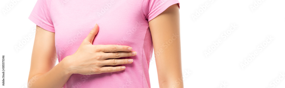 custom made wallpaper toronto digitalWebsite header of woman in pink t-shirt touching breast isolated on white, concept of breast cancer
