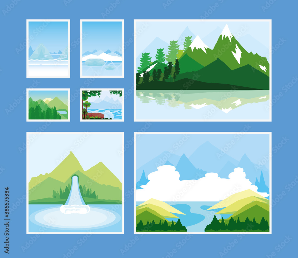 Fototapeta premium landscapes collection icons mountains nature river waterfall and winter