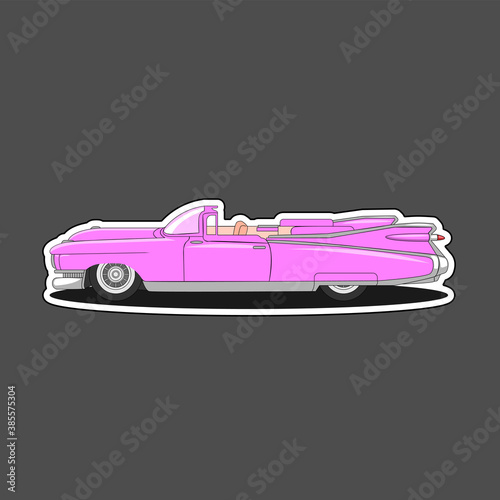 Retro pink car sticker with isolated outline and gray background. Vector image